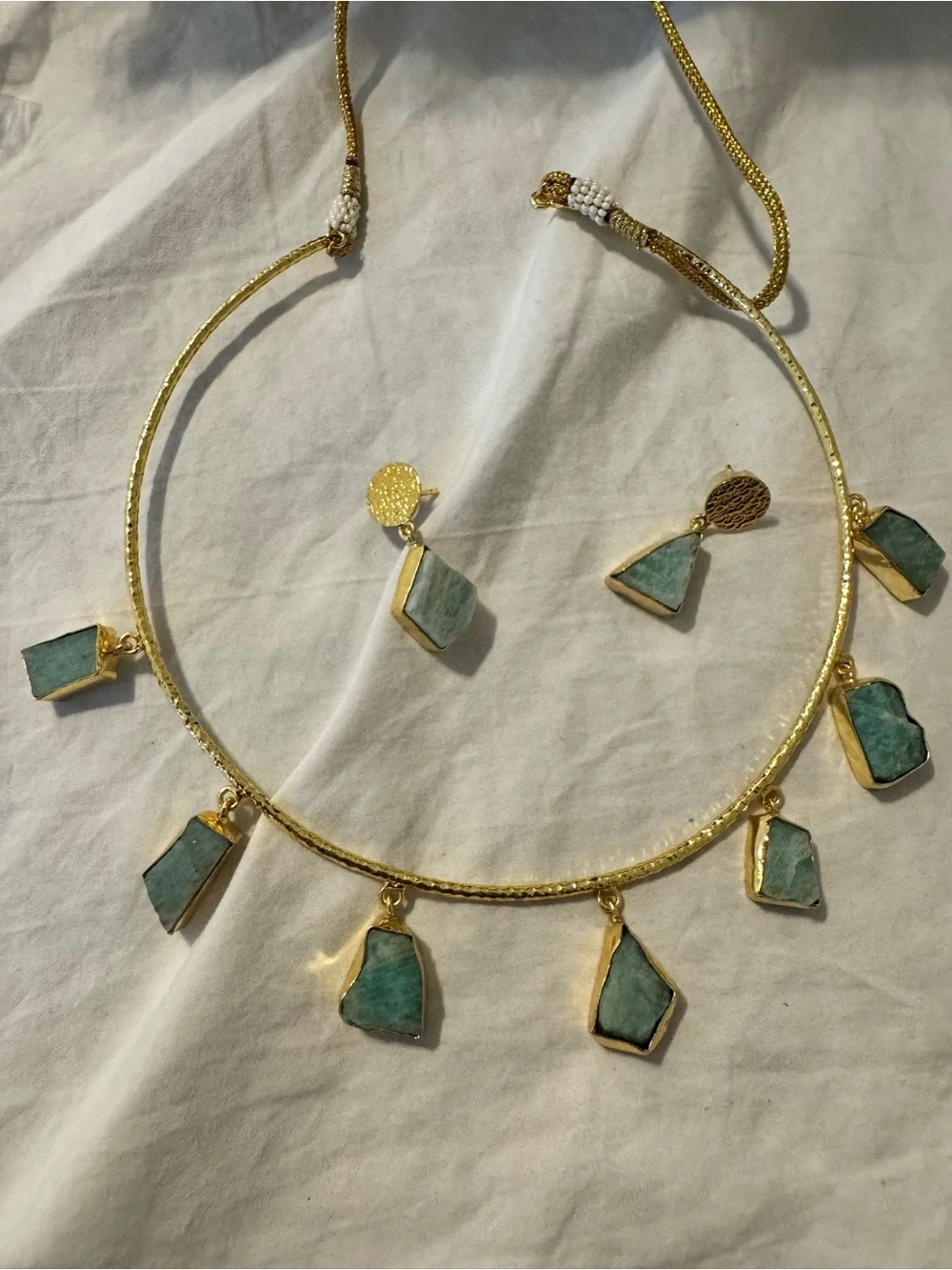 Gold Necklace and Earring Set with Green Stone Pendants